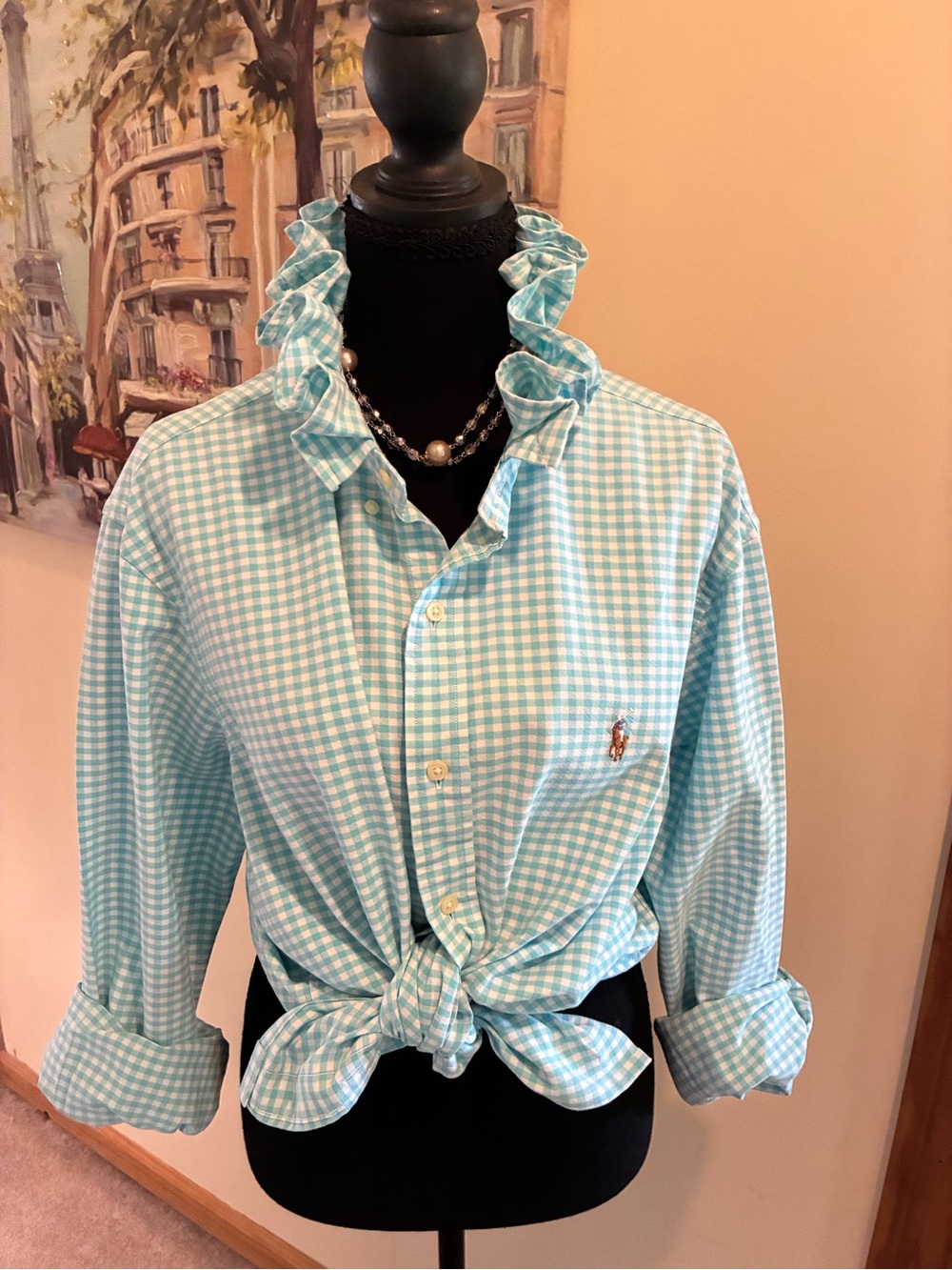 Ralph Lauren Aqua Gingham Ruffle-Collar Button-Front Shirt